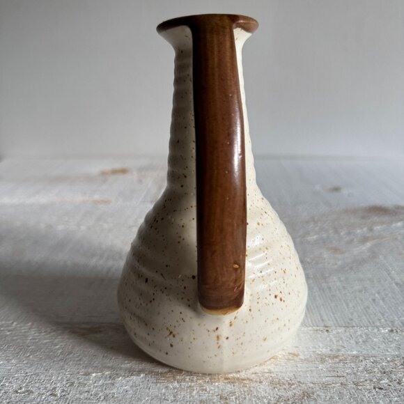 Vintage Cream and Brown Pottery Vase with Handle - Picture 2 of 10